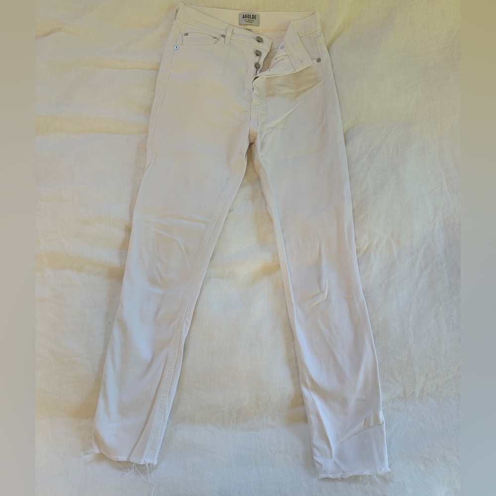 AGOLDE High Waisted White Denim Cropped Jeans